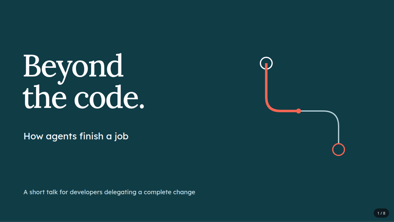 Beyond the Code title slide, with large white serif type and a route that stops before its destination.